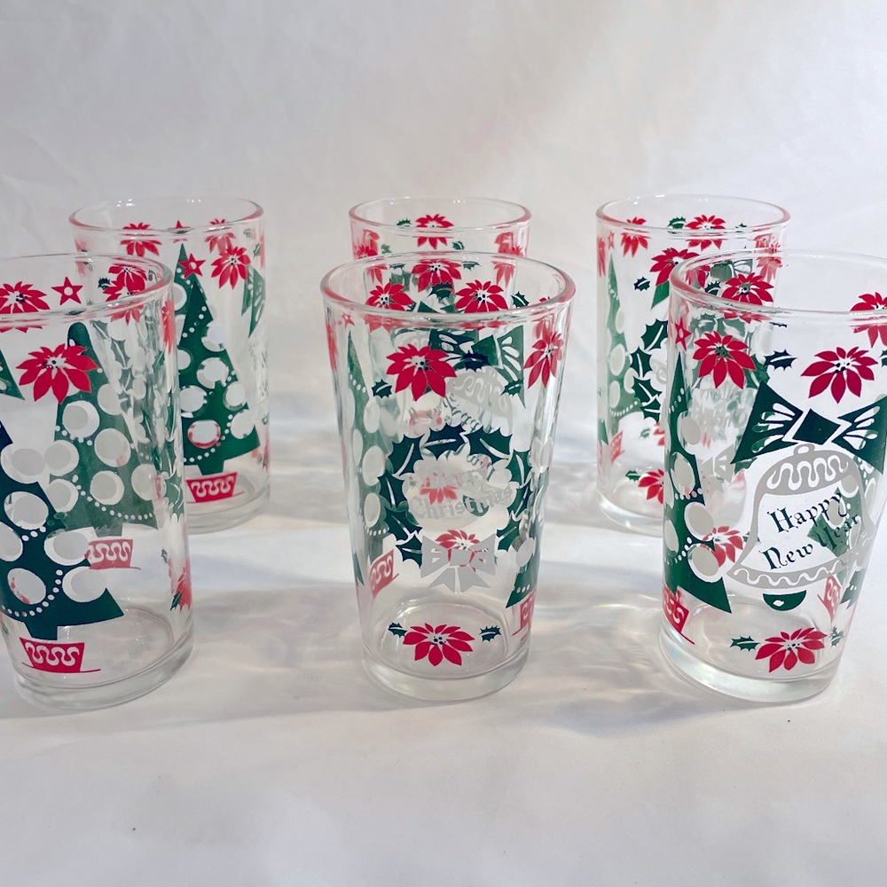 Vintage Set of 6 Holiday Beverage Glasses, Original Box, Excellent, Hazelware